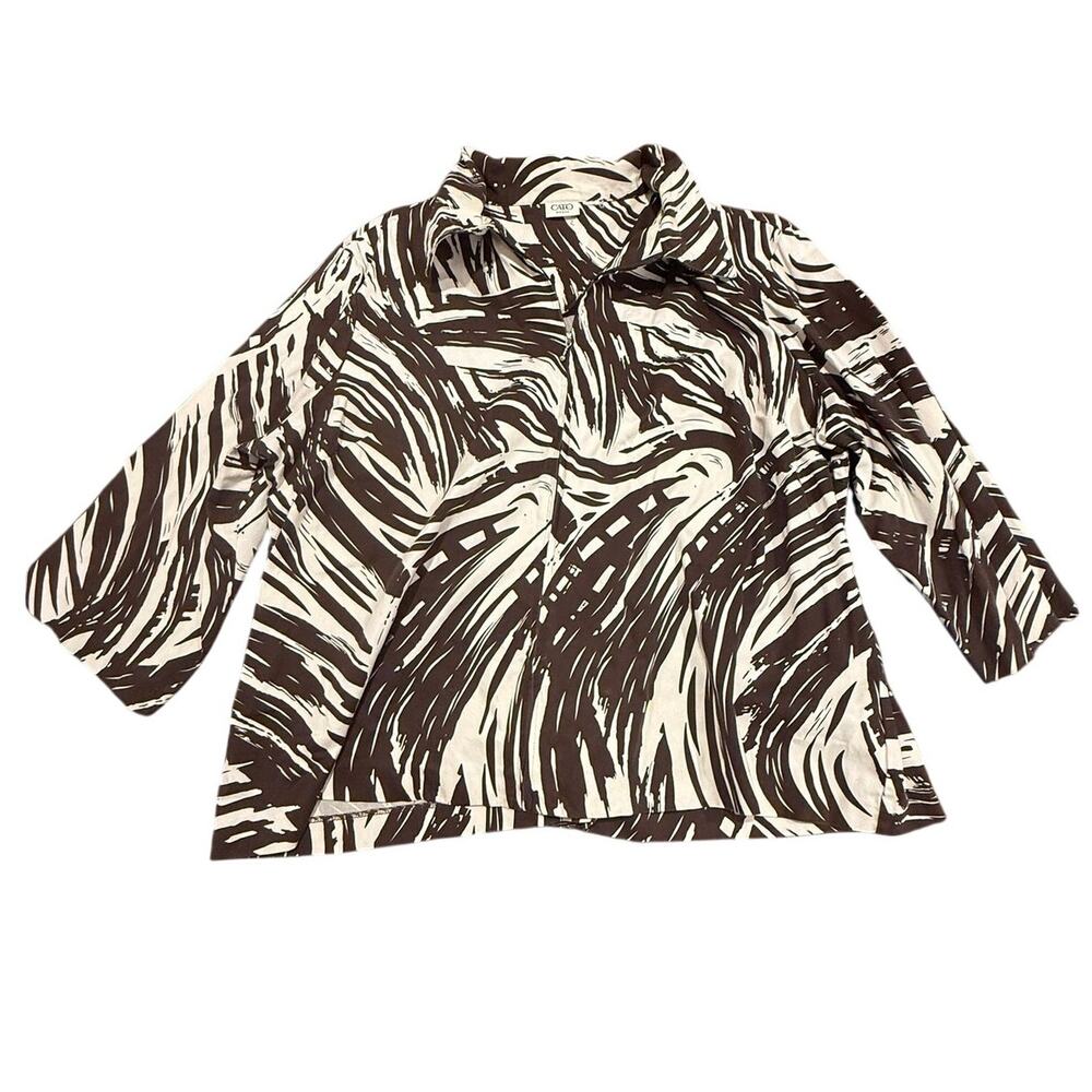 Cato Women Brown White Abstract Print Button Up 3/4 Sleeve Blouse Size Length 24